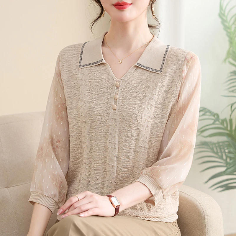 女装春秋款洋气百搭翻领简约气质4050岁七分袖妈妈装打底衫时尚