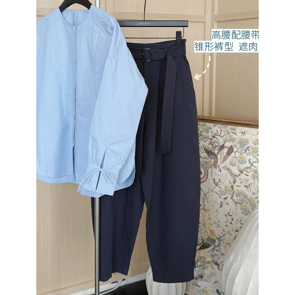 【MGDM】天丝棉麻酵洗高腰配腰带锥形休闲长裤女2025春DDJ24519