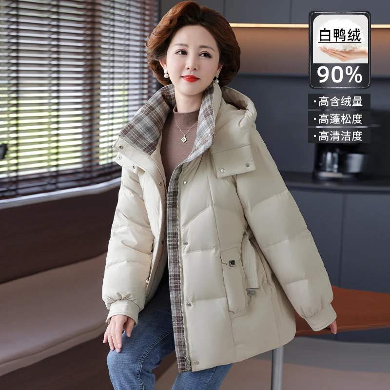 中老年妈妈冬季洋气连帽90%白鸭绒外套中年时尚保暖防寒羽绒服女