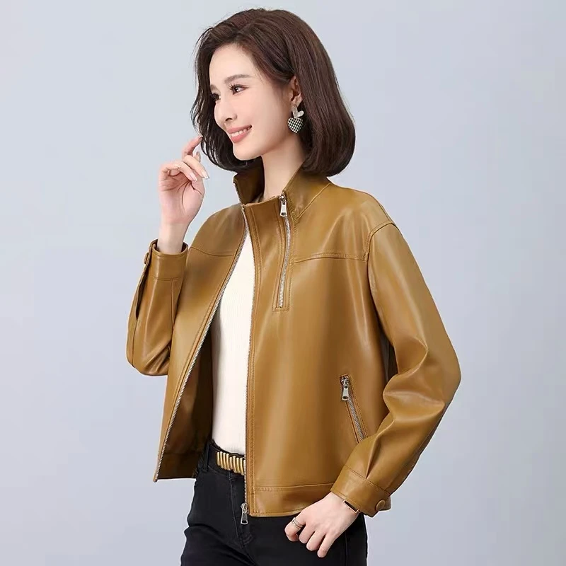 606  GZ皮衣外套女短款宽松立领时尚气质皮夹克新款拉链款