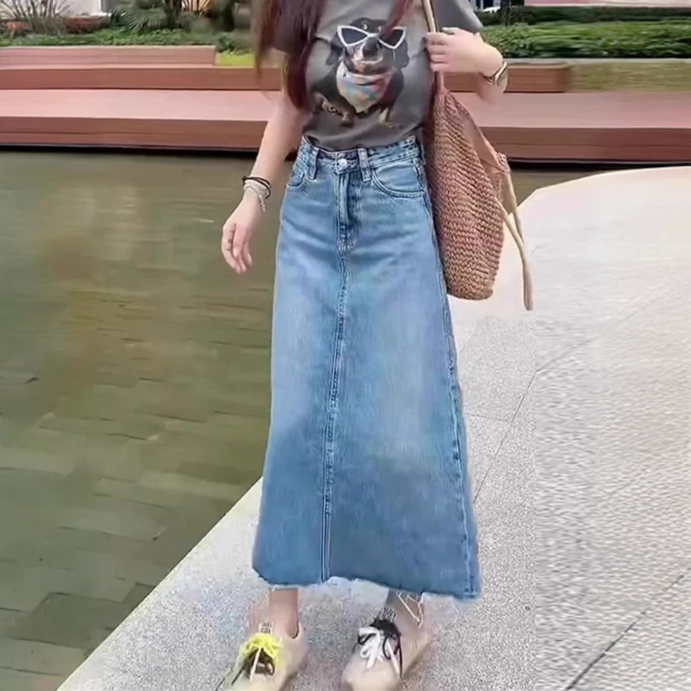 时尚后开叉毛边牛仔半身裙女夏季薄款大码胖mm高腰显瘦a字包臀裙