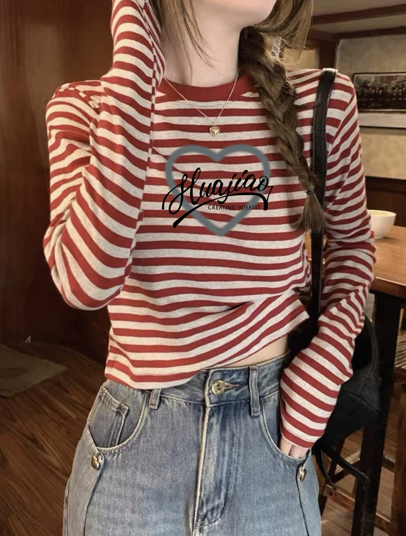 2025百搭撞色条纹圆领套头长袖T恤女早春短款休闲简约韩版上衣潮