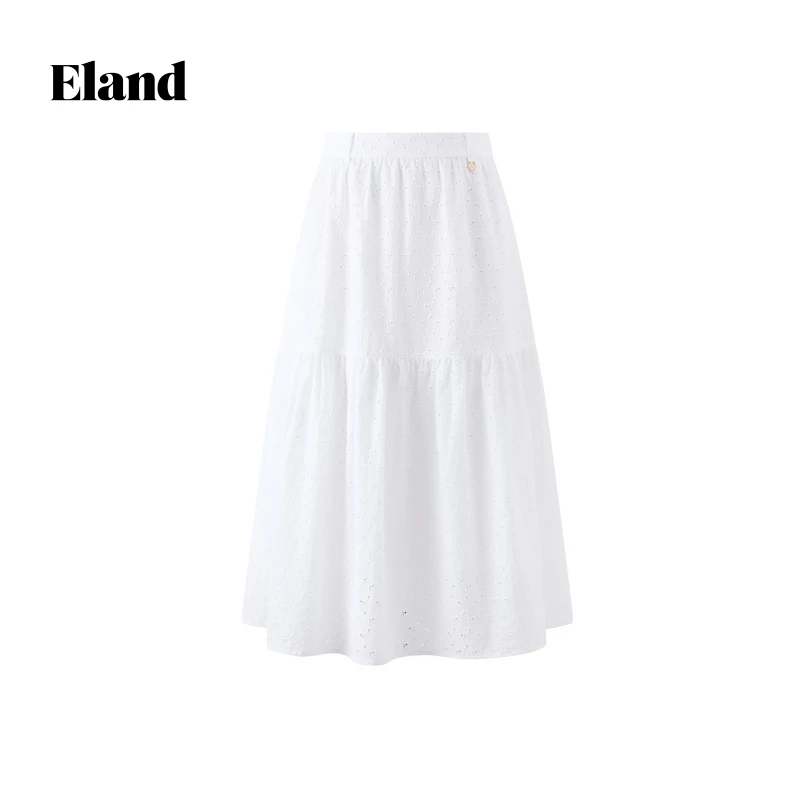 Eland衣恋半身裙女甜美a字版时尚简约镂空中长裙子EEWHF25Q99