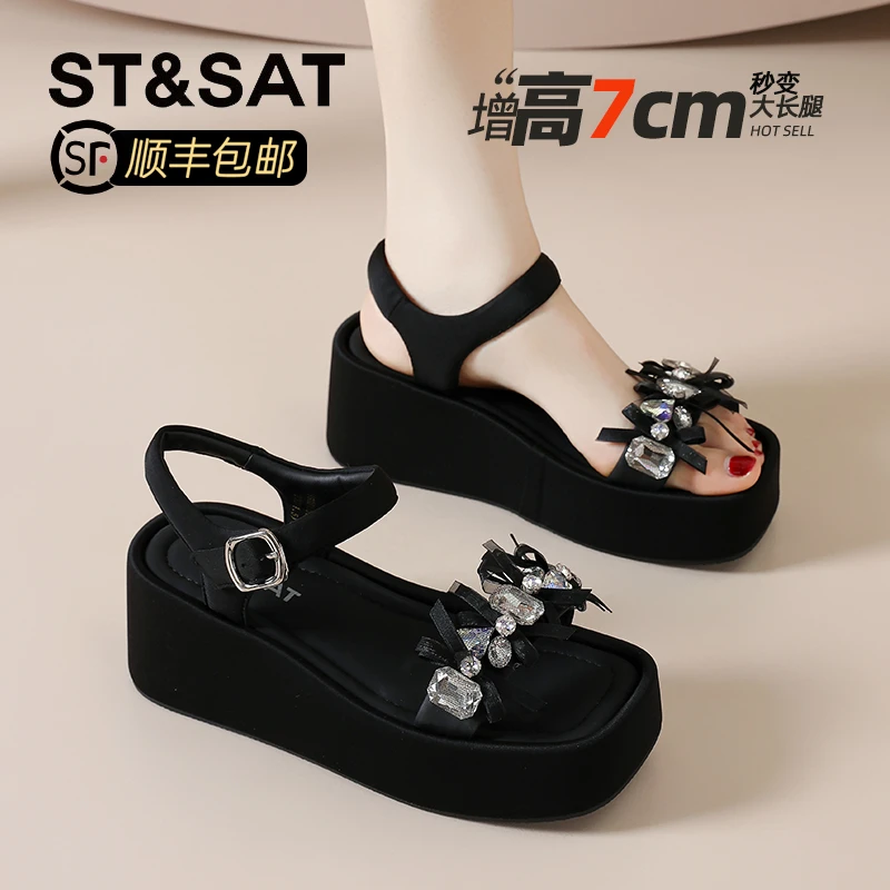 星期六凉鞋女款2025新款秋季外穿时尚水钻绝美配裙子坡跟厚底女鞋