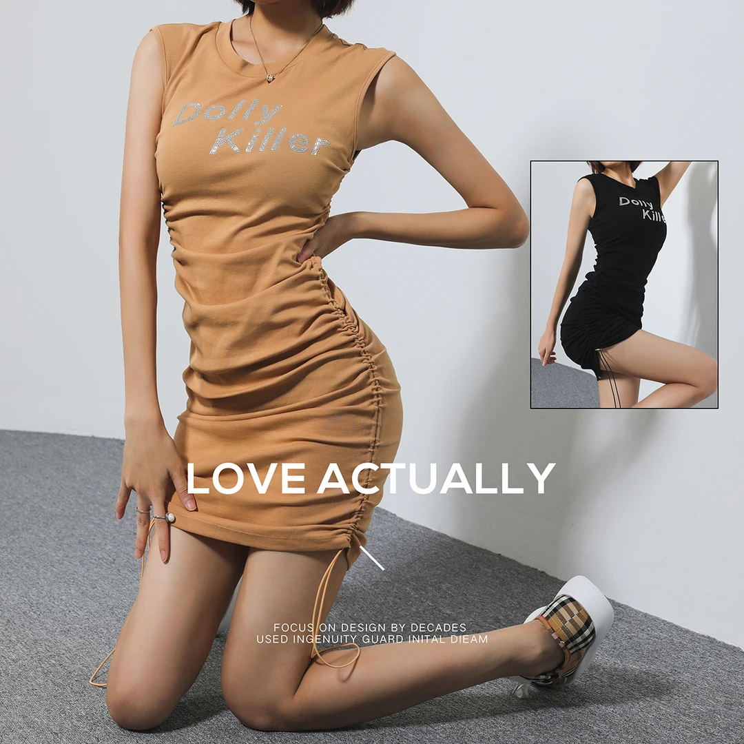 【抽绳曲线连衣裙】26支爽滑棉烫钻字母背心裙简约女DR21A025