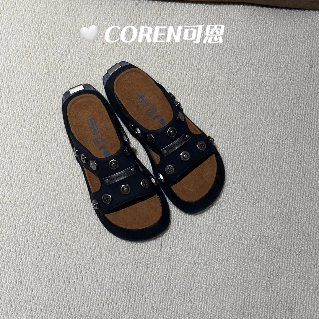 小众机能感铆钉一字拖鞋女夏厚底真皮外穿半拖鞋异型皮鞋凉拖女鞋