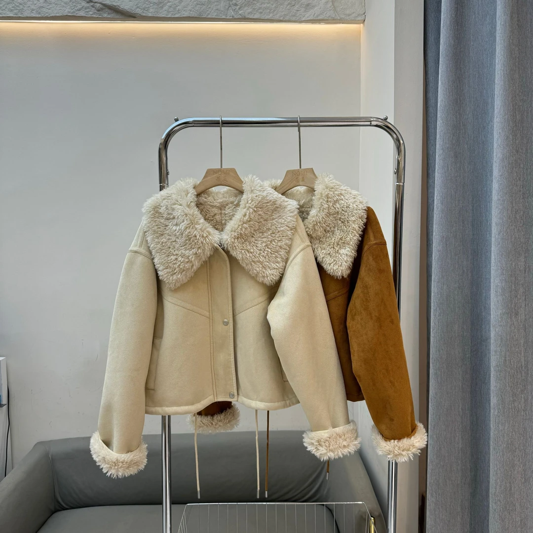 欧货皮毛一体大翻领小个子加厚短款毛毛外套女秋冬