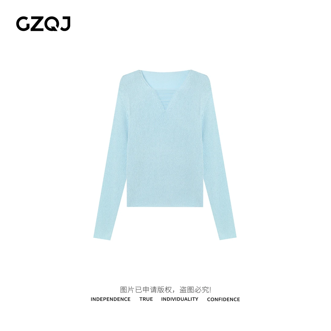老琴私服【湖光叙事】 欧若风时尚百搭气质V领镂空针织衫春女 35020