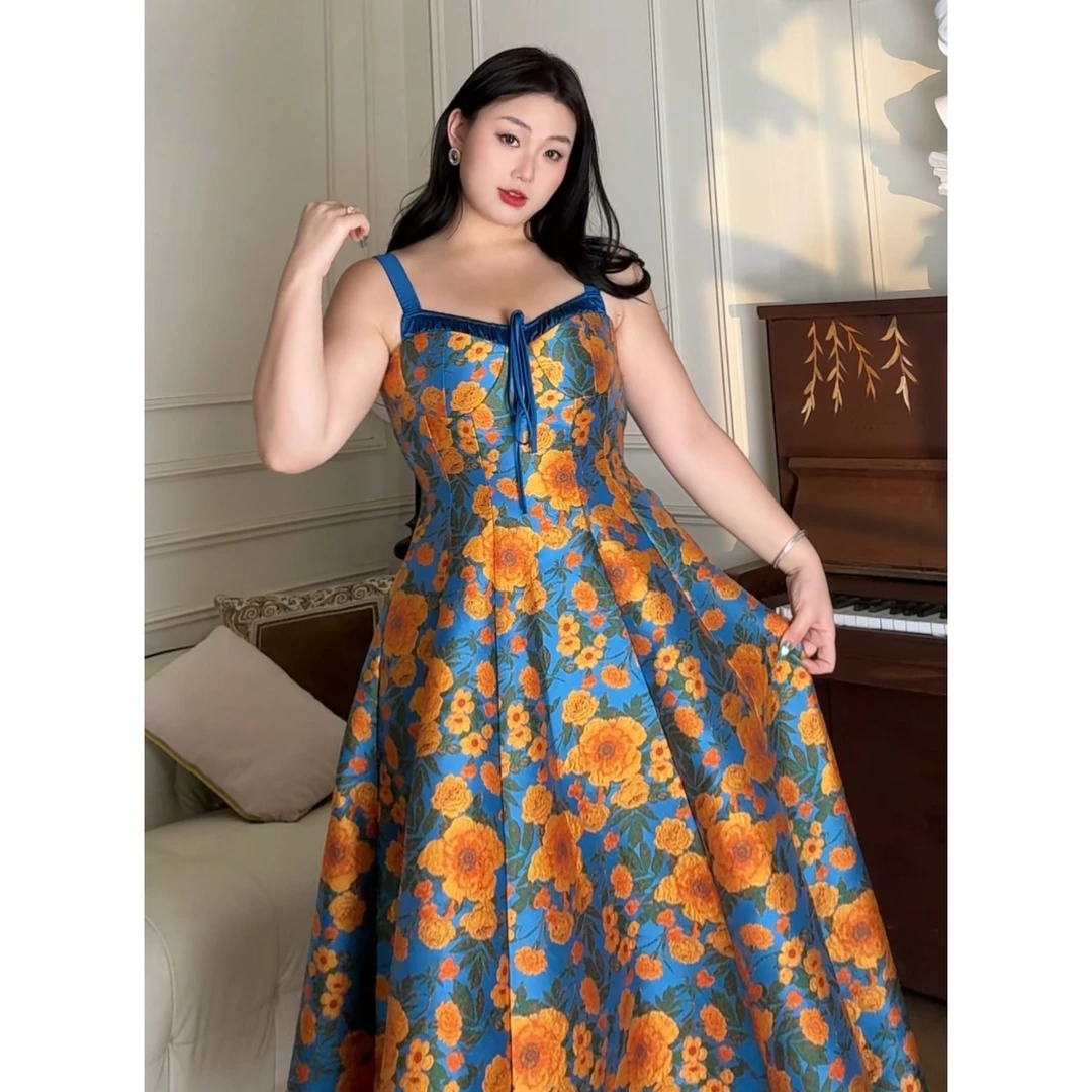 断码浮力【地中海假期】胖妹妹mm夏季收腰吊带女小个吊带裙Y173