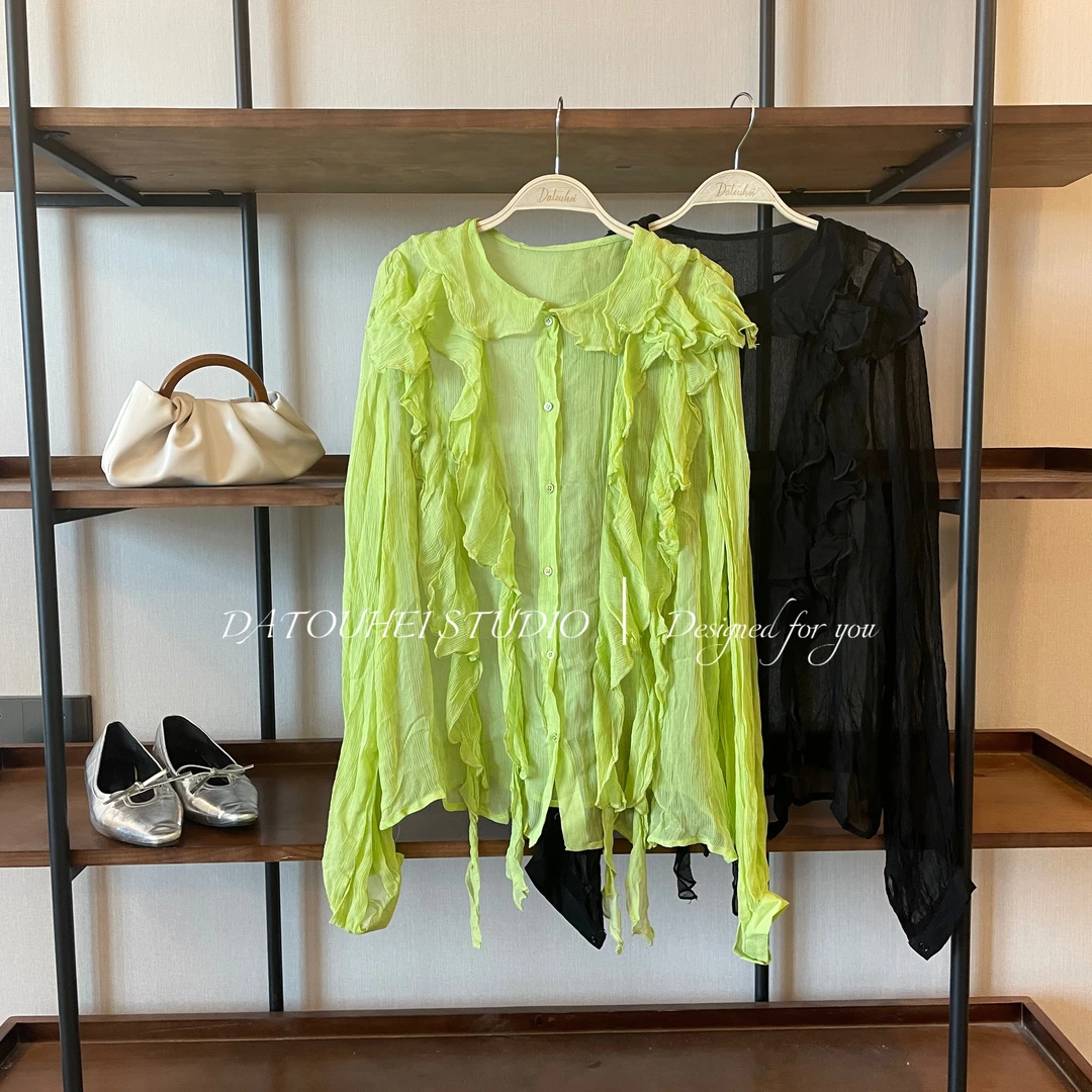 大头黑STUDIO常规款薄款纯色长袖秋季衬衫荷叶边上衣风D225X09828