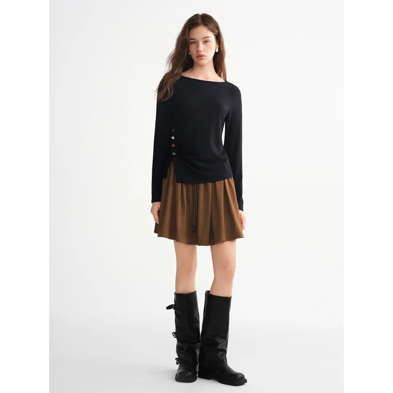 独束大码女装【芝芝奶芙】德绒抓毛不规则侧显瘦修身上衣25DS84377