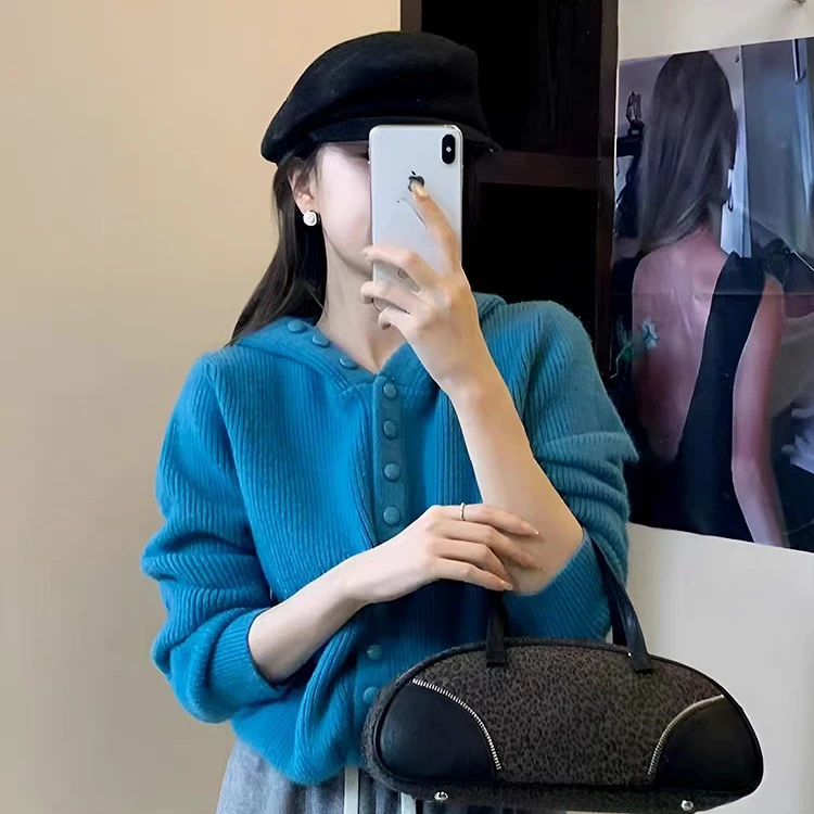2024设计感慵懒风单排扣简约百搭连帽毛衣秋冬长袖纯色针织开衫女