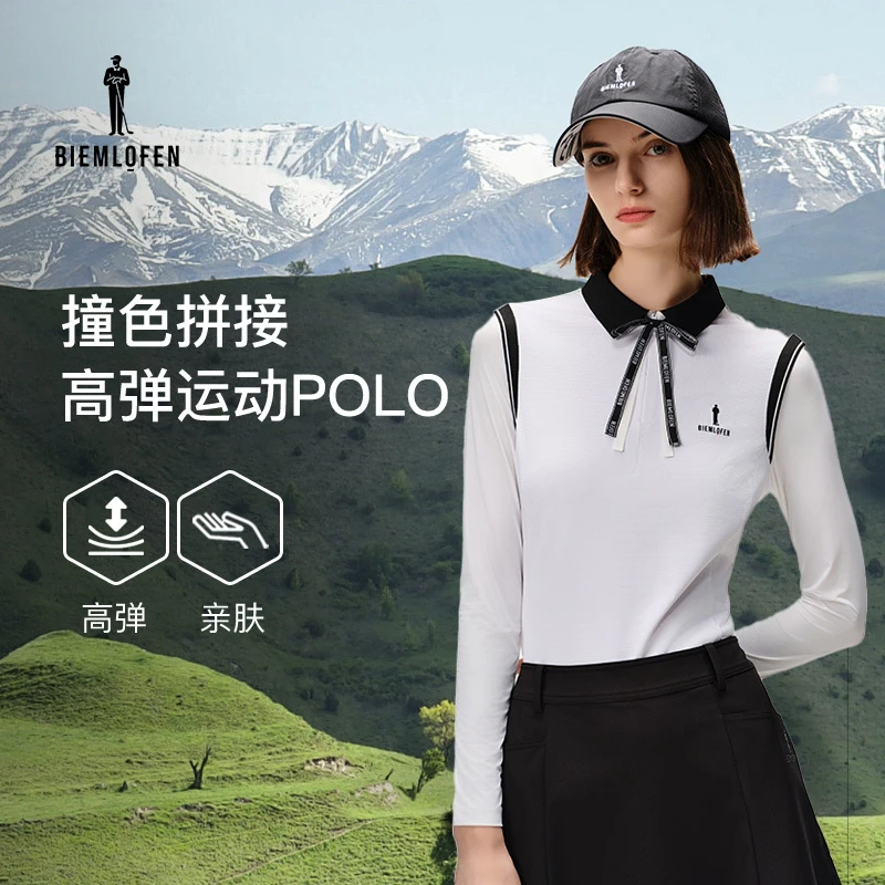 比音勒芬高尔夫2025春季新款休闲运动撞色拼接弹力长袖POLO衫女士