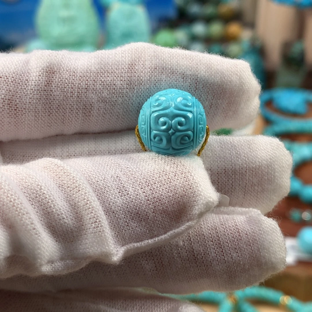 绿松石未镶嵌珠宝奇石高瓷蓝回字纹圆珠13.3mm
