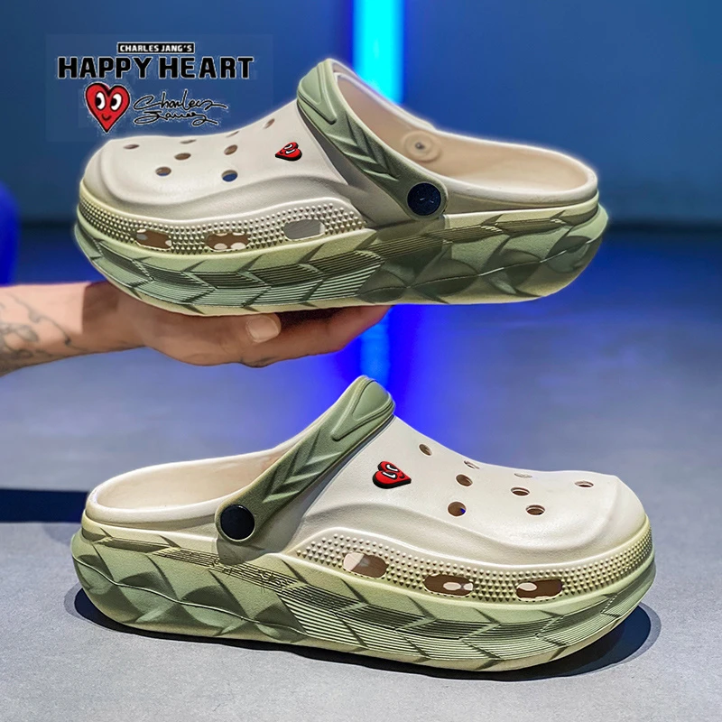 查尔斯桃心韩国拖鞋男外穿软底防滑包头洞洞鞋男士户外休闲沙滩鞋