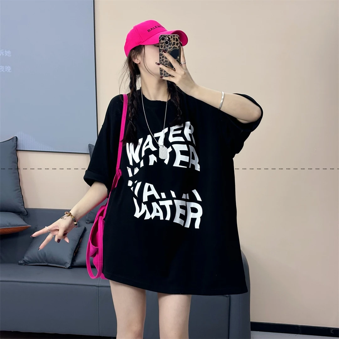 中长款百搭经典透气印花白色情侣休闲字母大码短袖时尚夏季T恤女