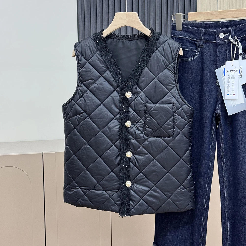 冬季小香风设计感V领单排扣棉马夹女22345