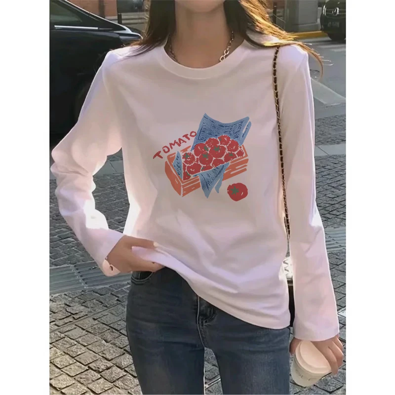 韩版印花长袖T恤女2025新款秋季白色圆领宽松百搭可外穿打底上衣