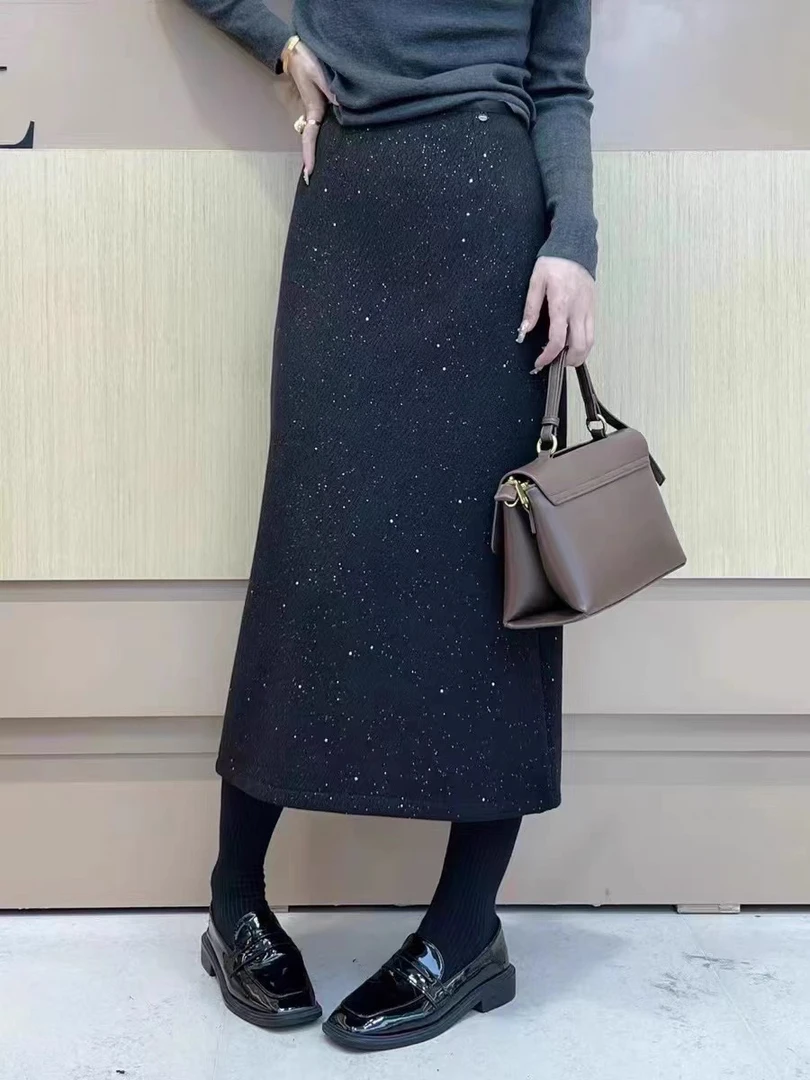 卡莎深圳（星空璀璨）秋冬丝绒腰细闪亮片羊毛呢中长款半裙半身裙