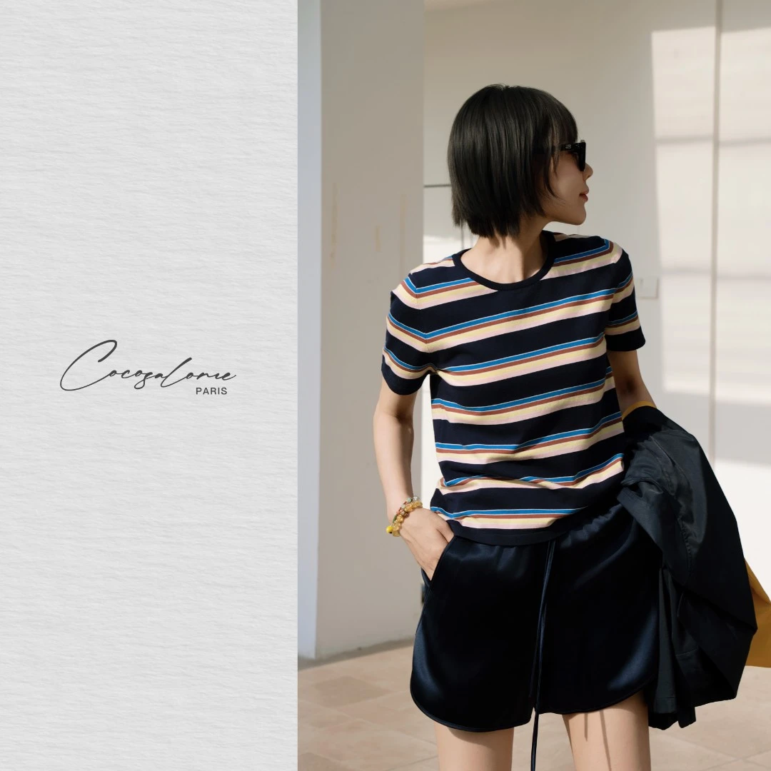 COCOSALOME｜韩彬彬"轻奢条纹"100天丝撞色音乐节条纹T恤224K-(10)