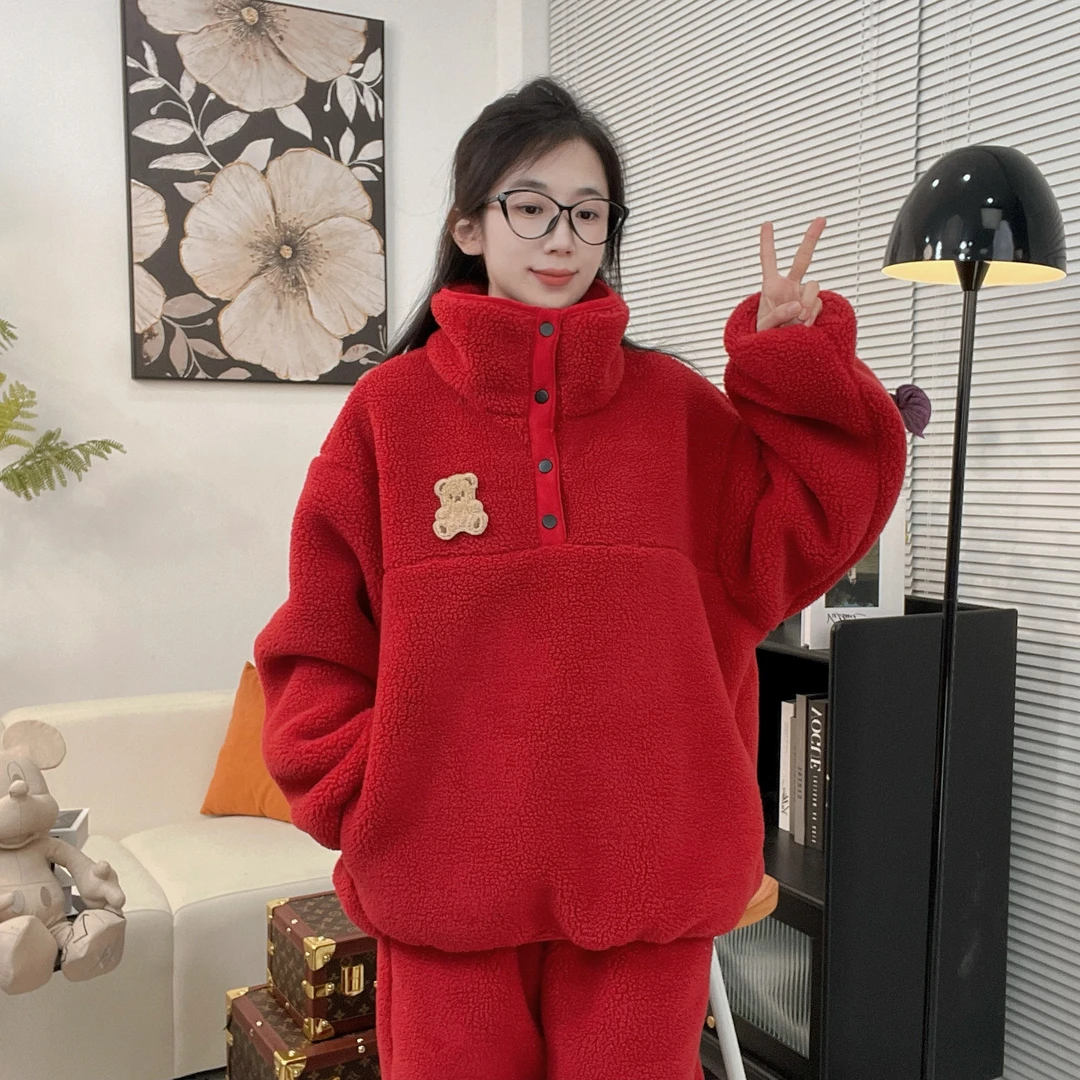 冬季新款领三层复合红色宽松加绒加厚羊羔绒可外穿家居服