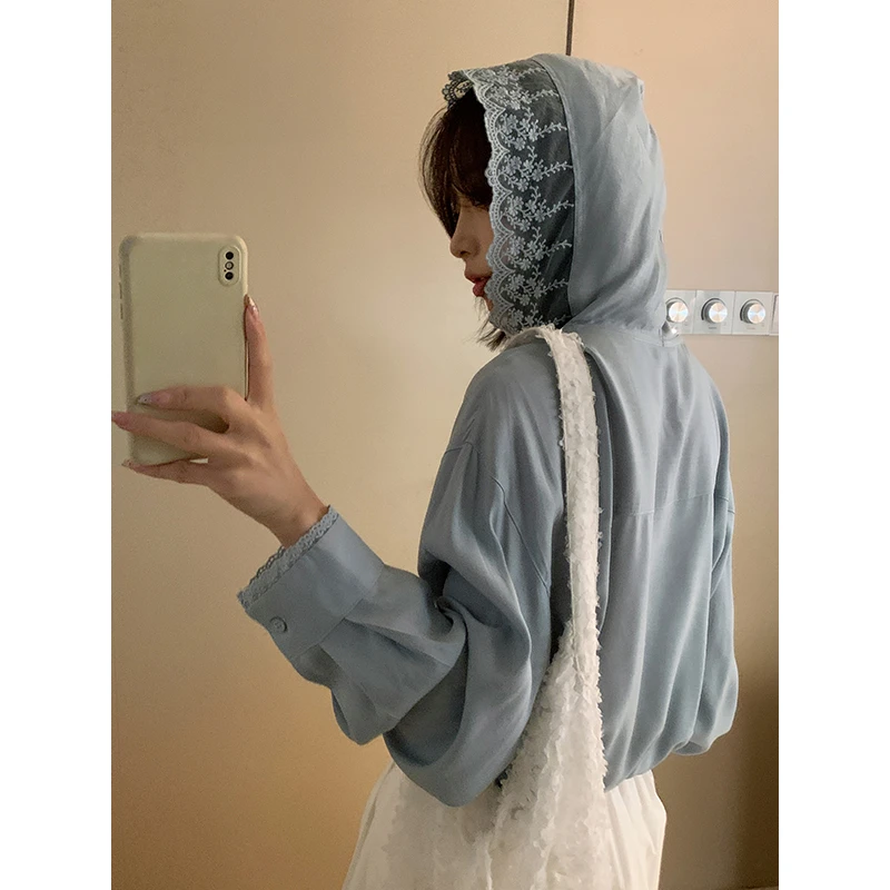 韩版蕾丝拼接连帽收腰长袖衬衫 E9155