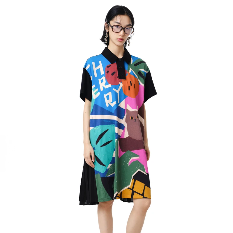 MOVEUP幻走2025夏季新款.FUN polo领印花拼接针织连衣裙325211309