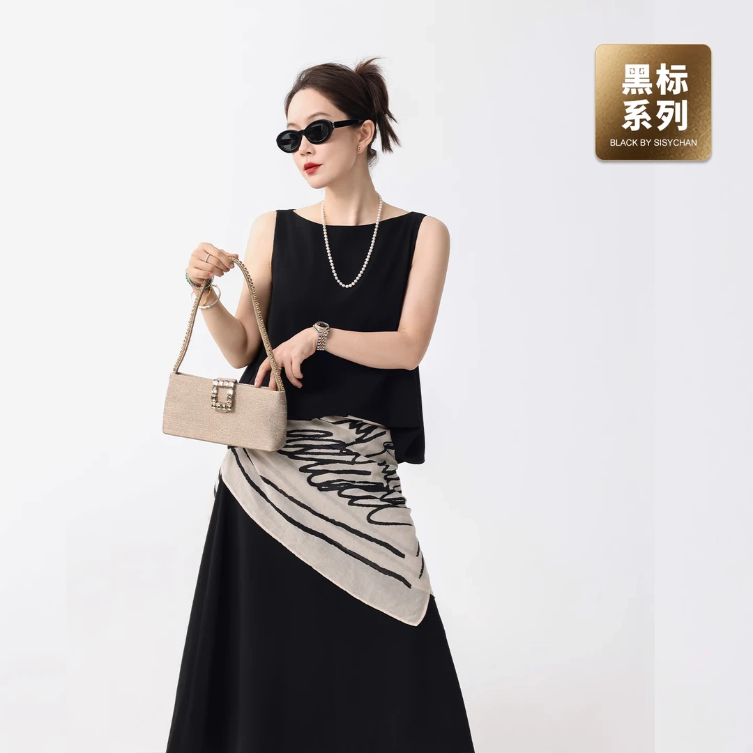 莉贝琳sisy黑标 心旅小衫醋酸垂坠气质A字无袖背心上衣S25106LS02