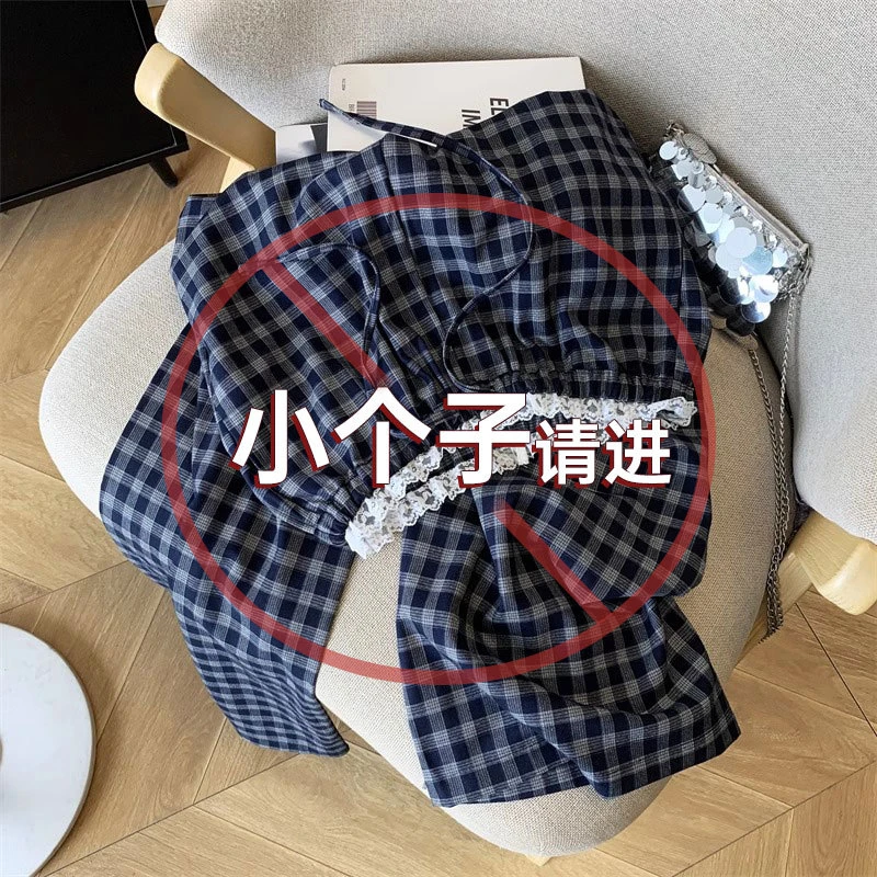 韩系蕾丝花边格子裤女夏季高腰百搭矮小个子阔腿裤宽松休闲运动裤