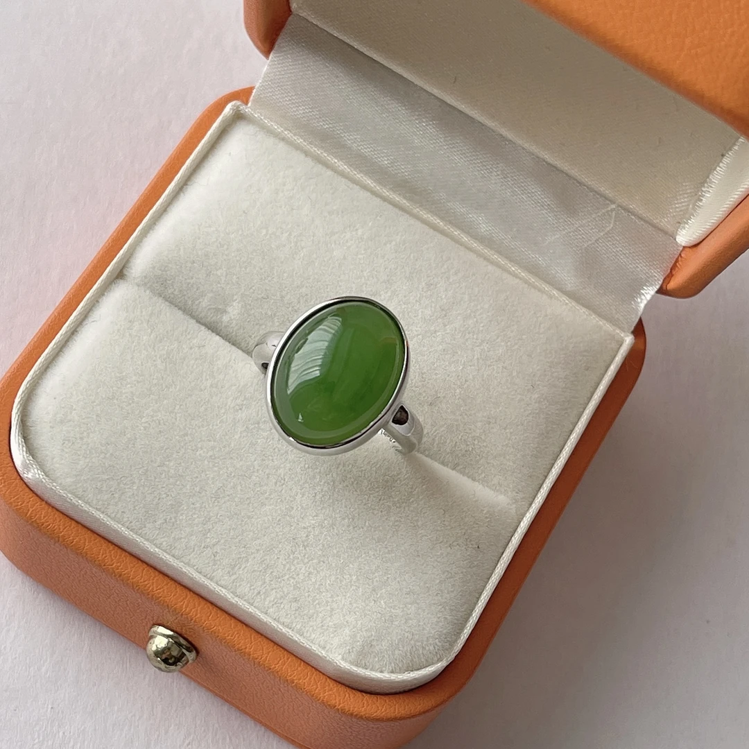 【晶雁优选】和田玉碧玉s925银镶大号蛋面戒指时尚气质经典百搭绿色
