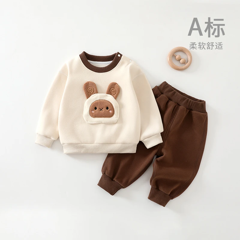 婴儿加绒卫衣套装衣服可爱宝宝秋季加厚保暖童装两件套