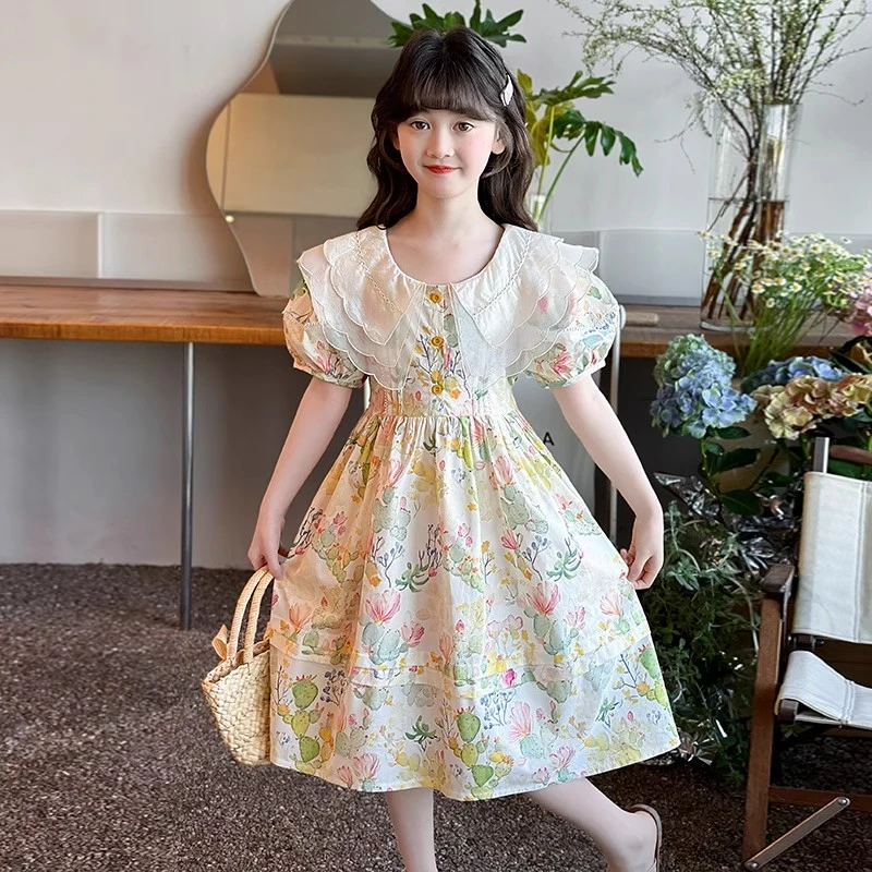 女童碎花连衣裙夏季2025新款儿童洋气棉布裙子女孩短袖甜美公主裙