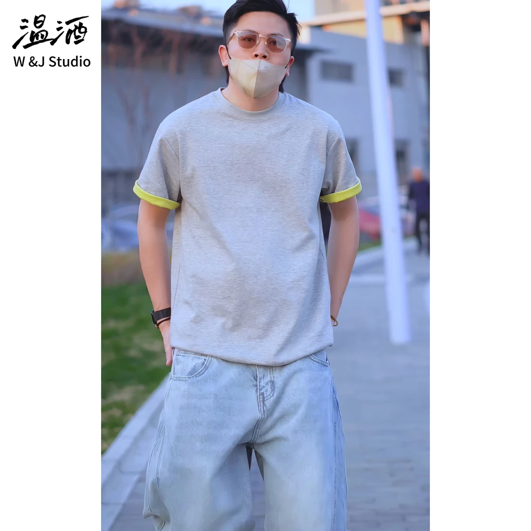 【双纱内外撞色】翻转袖口撞色T恤 常规版纯棉短袖上衣休闲t恤