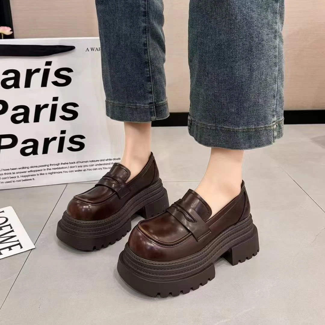 英伦风厚底乐福鞋2025春秋新款圆头懒人一脚蹬小皮鞋复古百搭单鞋