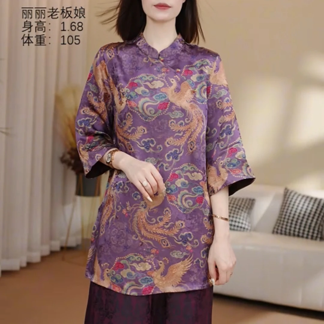 350#2025新款上衣短袖中国风复古立领花纹提花薄款唐装中长款气质