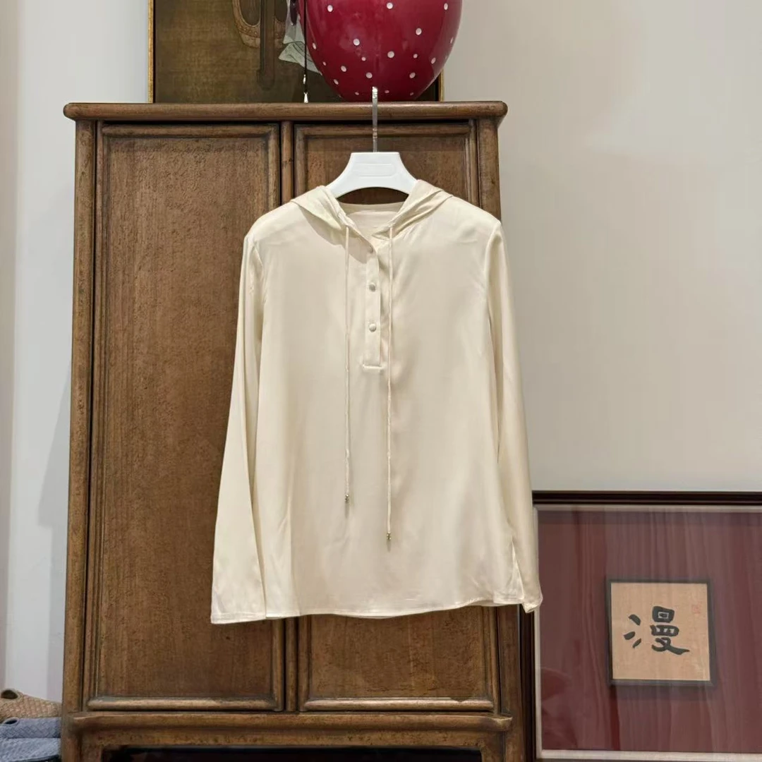 MYL 2025年夏季新款桑蚕丝白色连帽上衣半开扣抽绳休闲百搭卫衣
