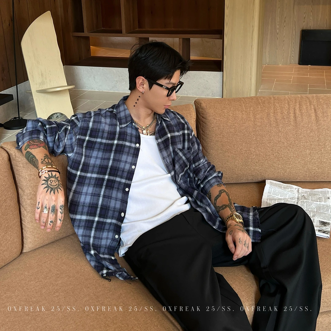 OXFREAK「磨烂流苏下摆」复古蓝格纹长袖衬衫男宽松廓形格子衬衣