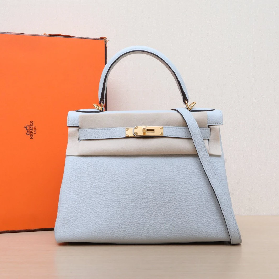 99新 Hermes/爱马仕 小花柳 凯莉包28 圣杯蓝 TC皮 U刻 金扣