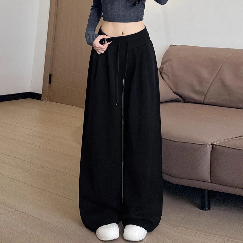 黑色运动裤女秋冬2025新款小个子低腰卫裤休闲慵懒加绒直筒阔腿裤