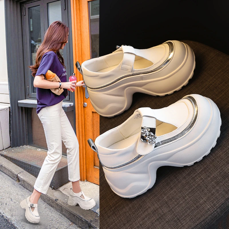 水钻镂空乐福鞋女厚底9cm高跟新款夏秋时尚凉鞋显高休闲单鞋松糕