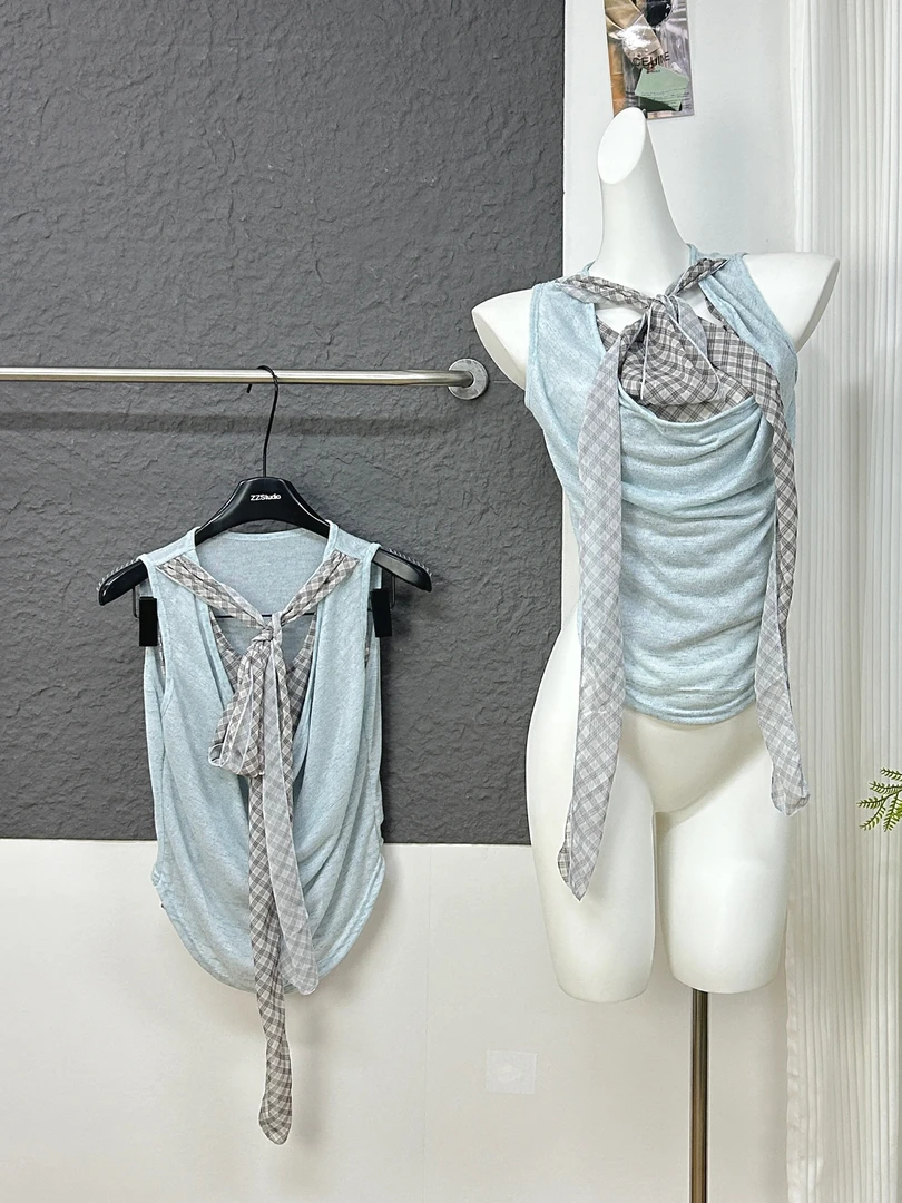 朵来美法式设计慵懒风格纹辣妹荡领假两件无袖露肩上衣短袖T恤女