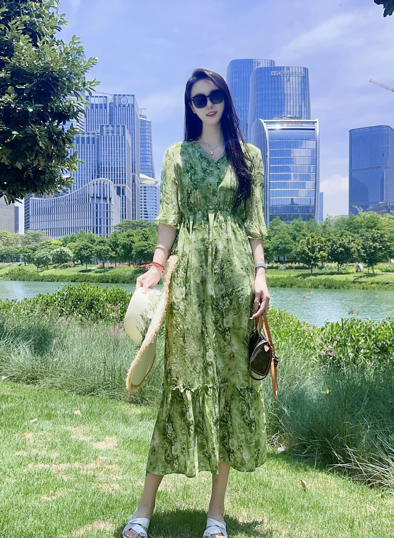 【2592绿水倾城】江南绿意随性显瘦气质中长款蚕丝印花连衣裙长120