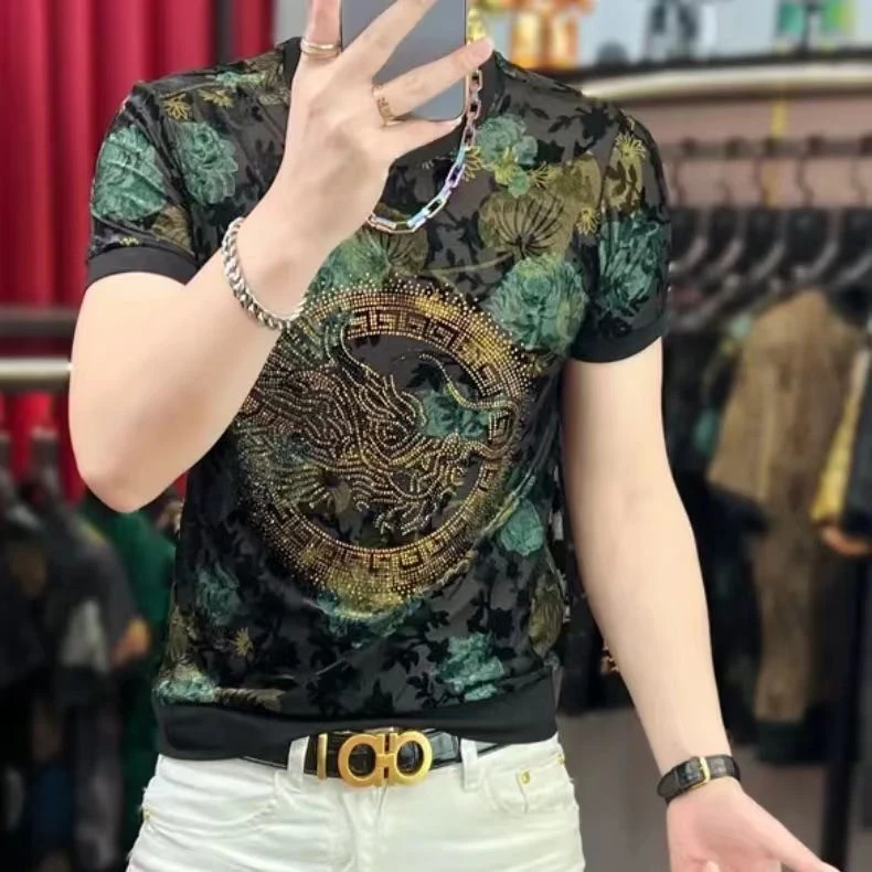 欧货夏季帅气男装短袖T恤个性显瘦百搭半袖潮流修身亮片龙年体恤