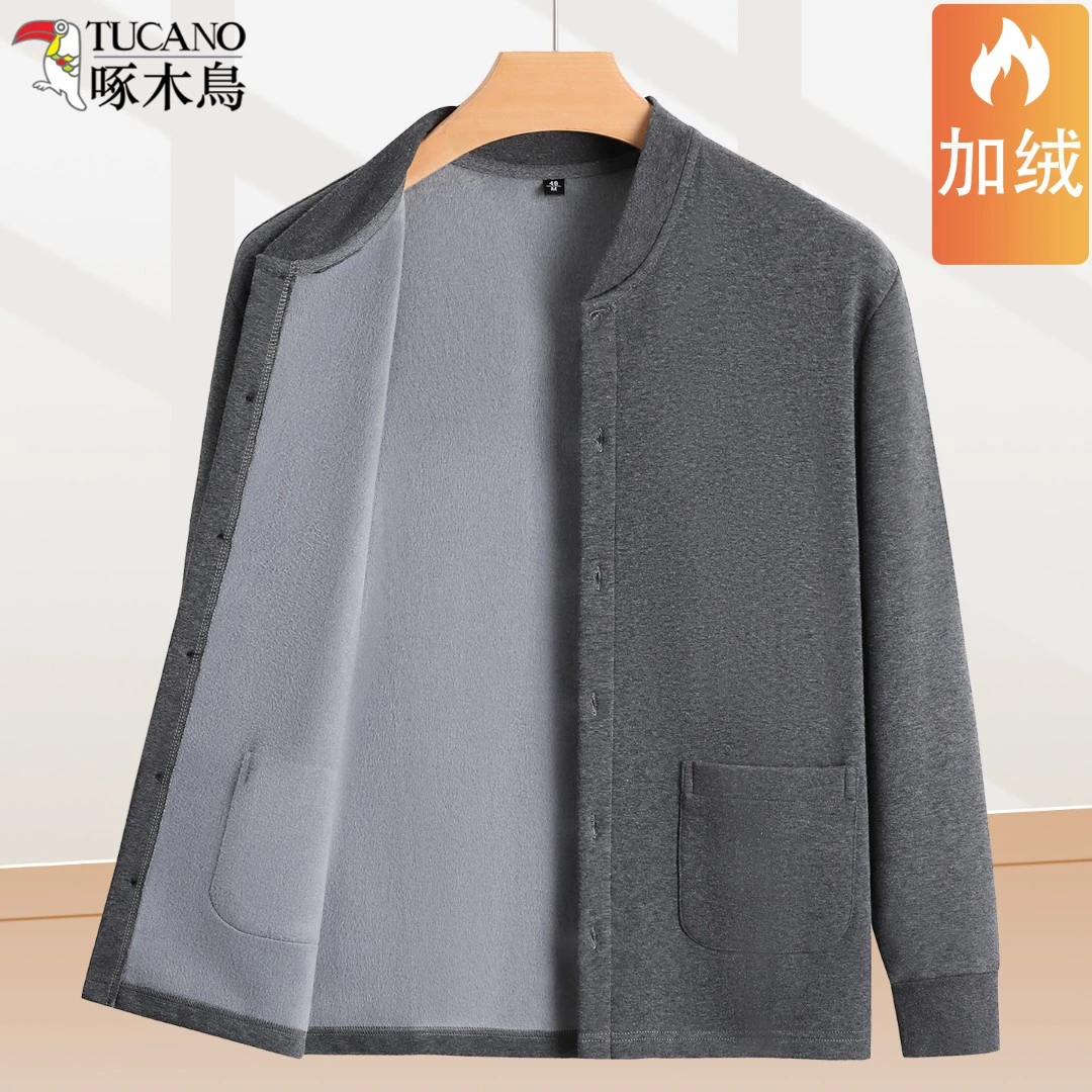 啄木鸟中老年人纯棉开衫男加绒加厚爸爸冬装内穿内胆保暖上衣外套