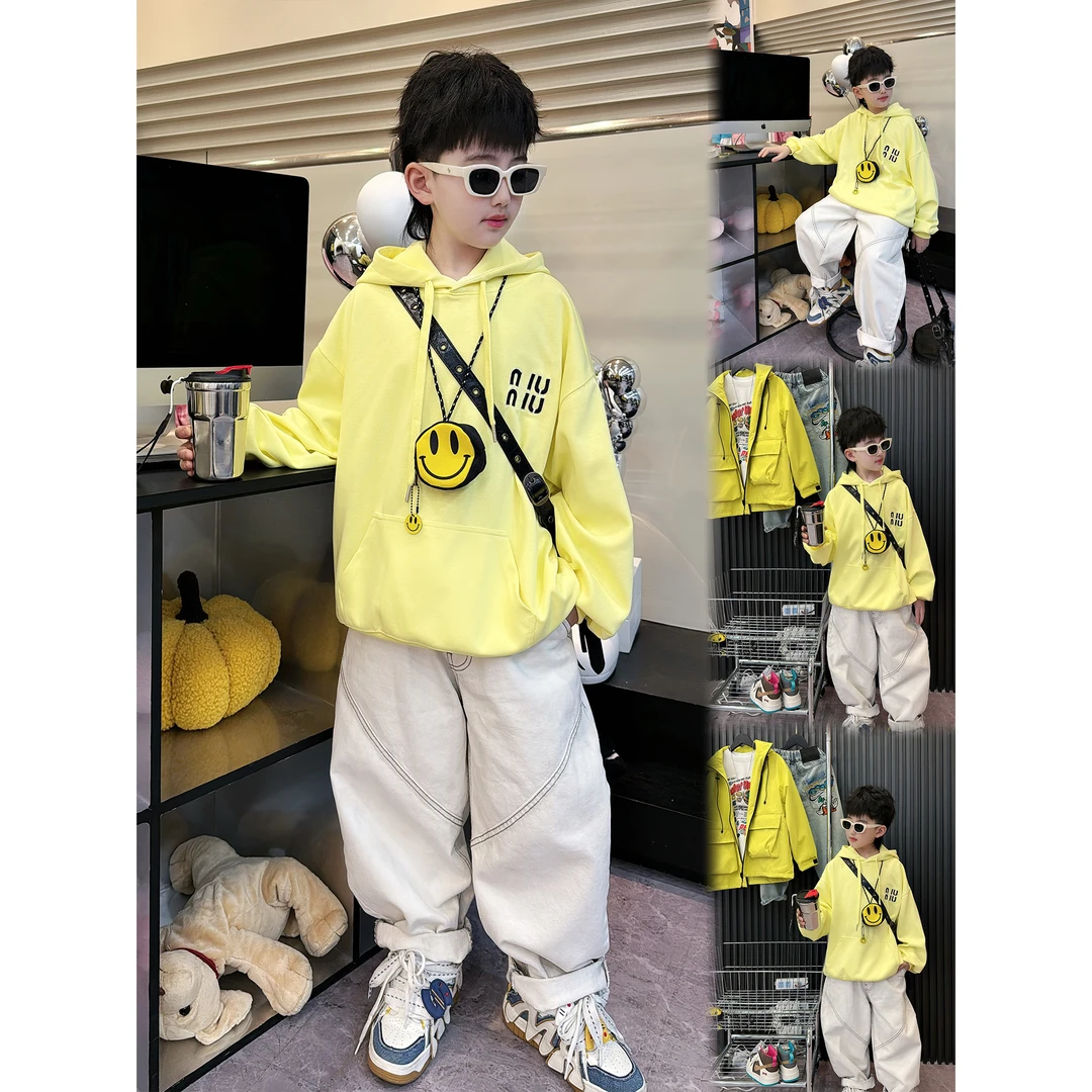 蛋蛋家【奶黄包】春季新款洋气奶黄色字母插兜连帽卫衣
