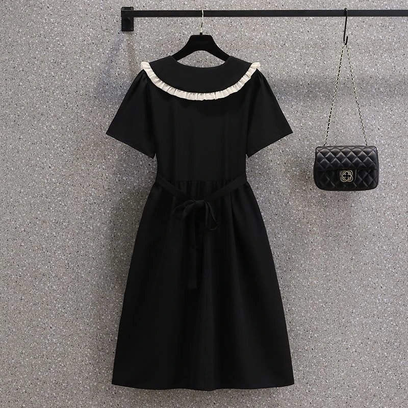 夏季新款系带娃娃领连衣裙大码胖学院温柔风蝴蝶结高级感小黑裙