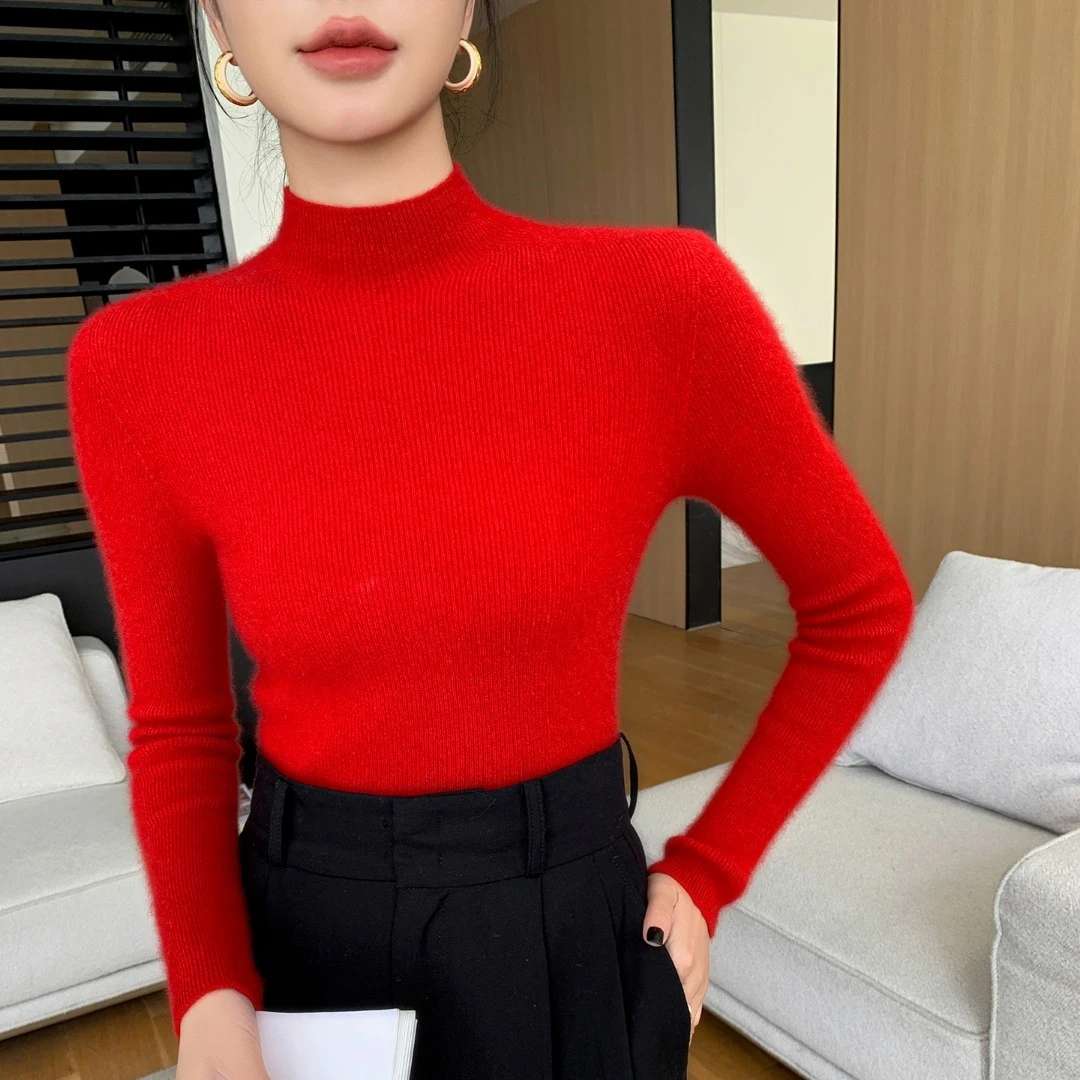 针织半高领修身型女常规袖羊绒衫内搭秋冬衫