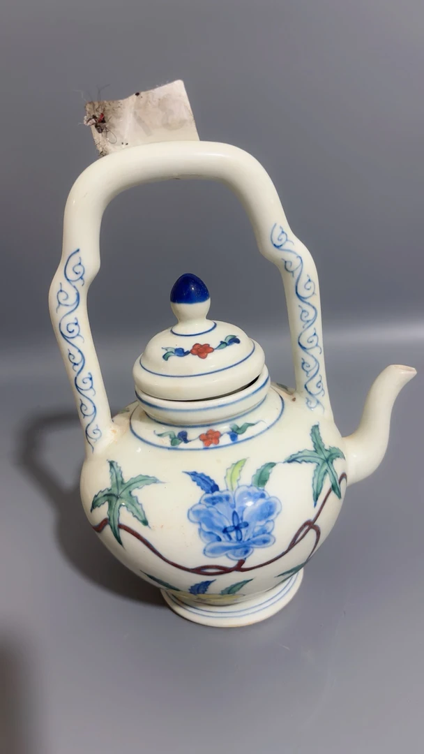 斗彩手绘秋葵纹提梁壶陶瓷