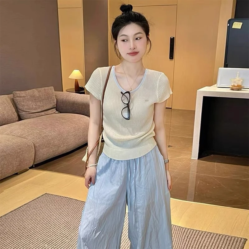 2025夏季新款韩系圆领冰丝针织短袖t恤女设计感后背镂空交叉上衣