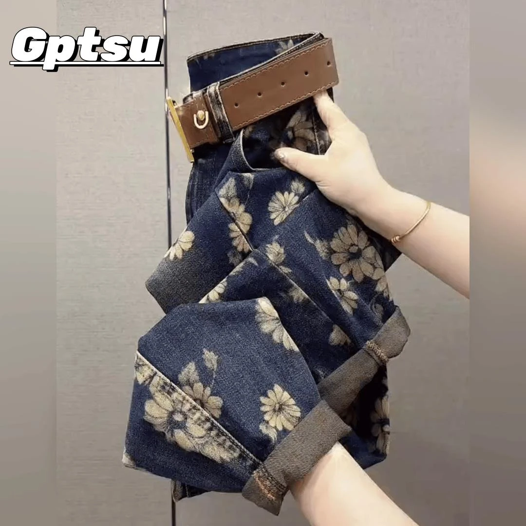 GPTSu新款重工印花哈伦牛仔裤女梨型身材弹力小个子哈伦锥形裤秋